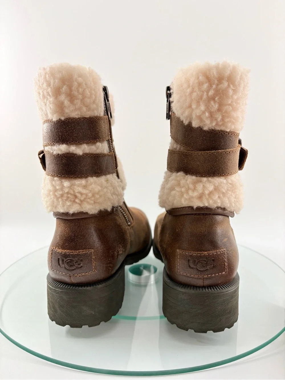 UGG Blayre Boots Chestnut Shearling Moto Buckle Zip Leather Women’s Size 8